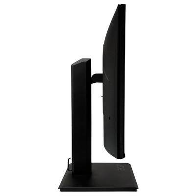 Vue latérale d'un moniteur d'ordinateur noir fin, avec une base plate, présentant son design élégant et minimaliste.