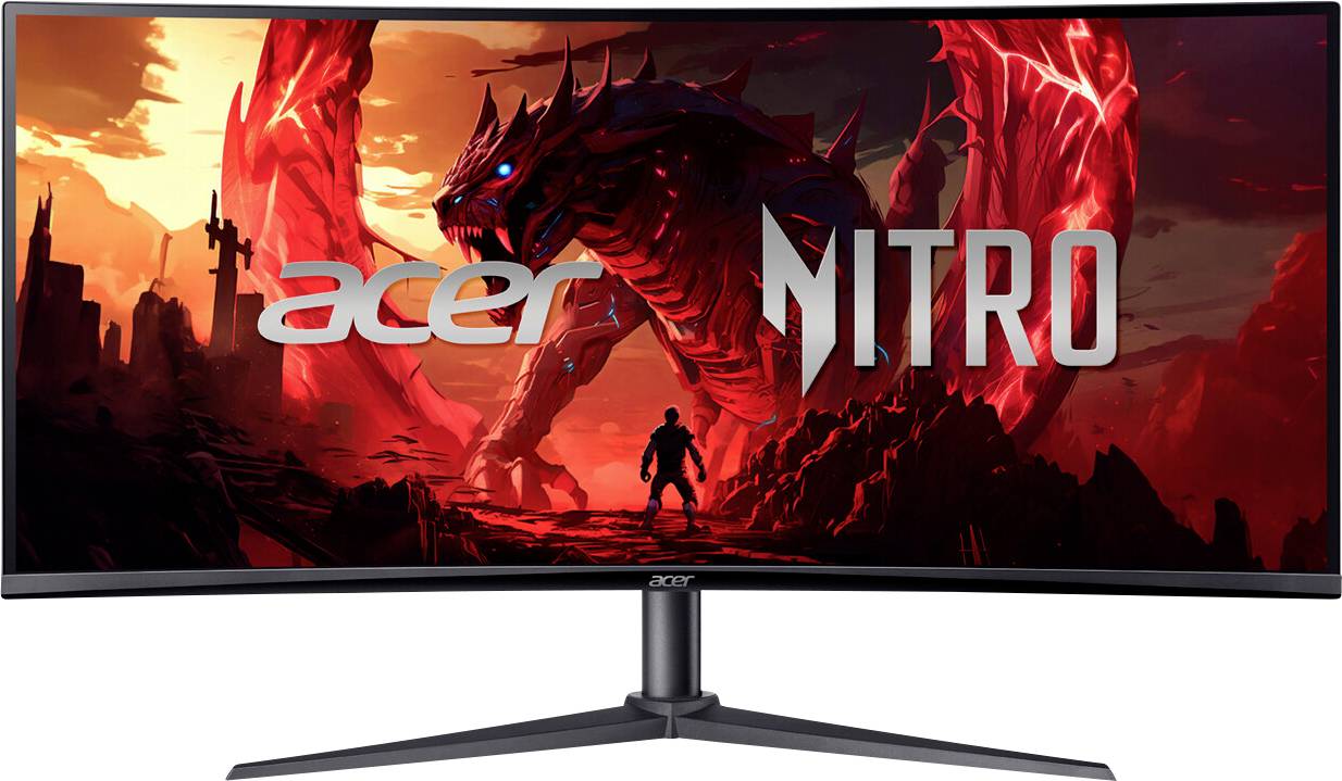 Écran incurvé affichant des graphiques vibrants en rouge et orange avec un dragon et la silhouette d'une personne ; les logos « Acer » et « Nitro » sont visibles.