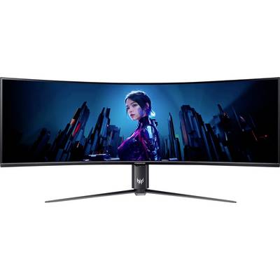 Écran Acer Predator X34 V affichant une scène futuriste avec une personne debout au milieu de gratte-ciels stylisés, projetant des reflets colorés.