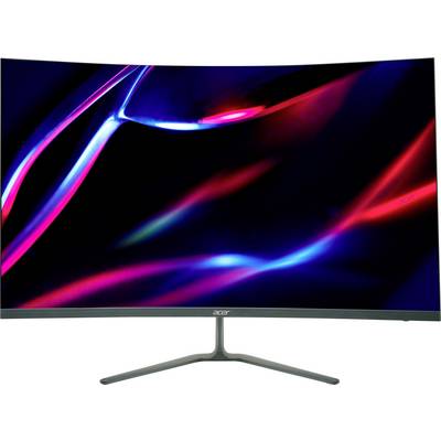 Écran incurvé Acer affichant des lumières néon abstraites en bleu et rouge sur un fond sombre.