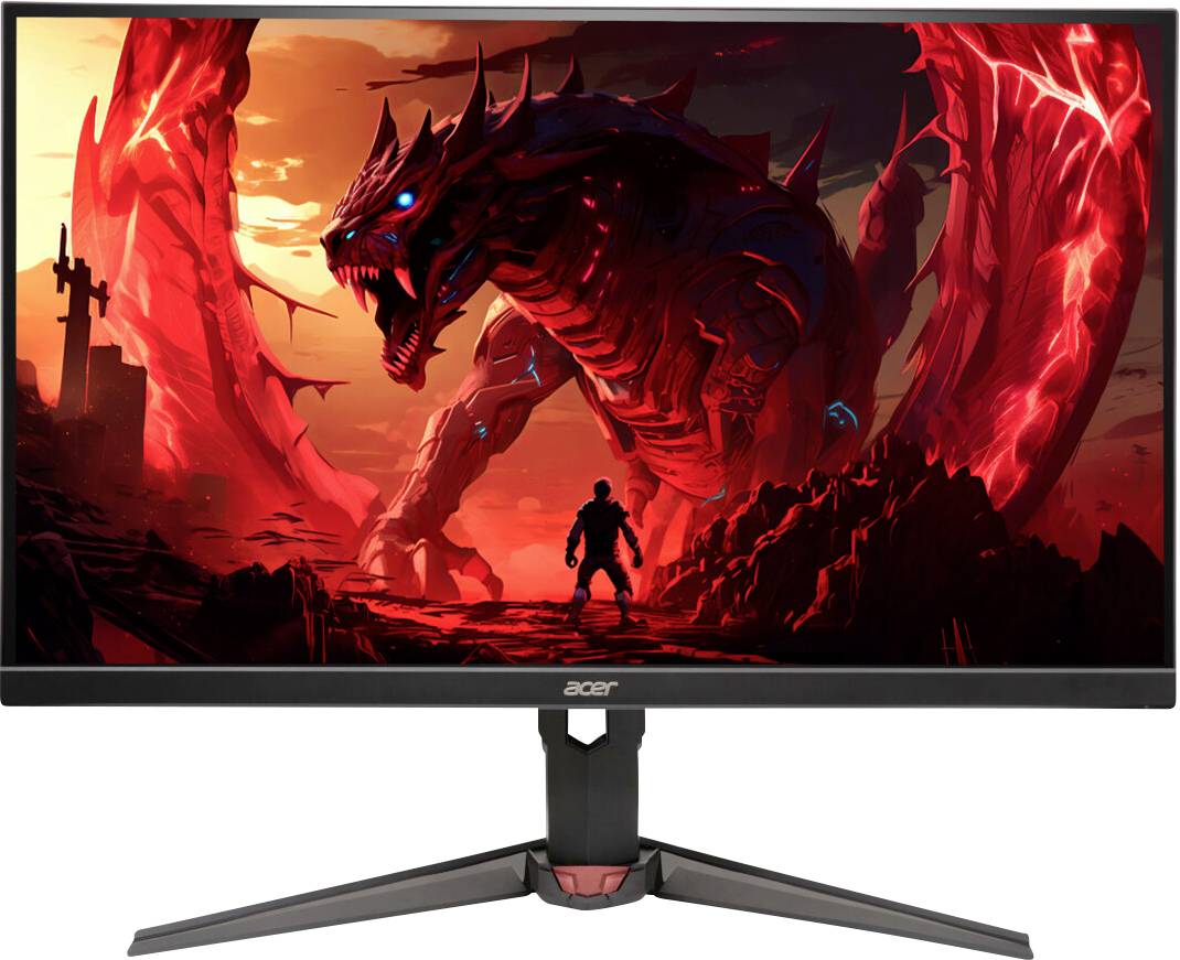 Une personne face à un dragon rouge et lumineux de grande taille, dans un paysage enflammé, affiché sur un écran de jeu Acer, mettant en valeur des graphismes immersifs.