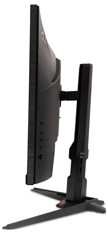 Vue latérale d'un moniteur d'ordinateur noir avec support, mettant en valeur son profil fin et sa fonctionnalité de réglage de hauteur.