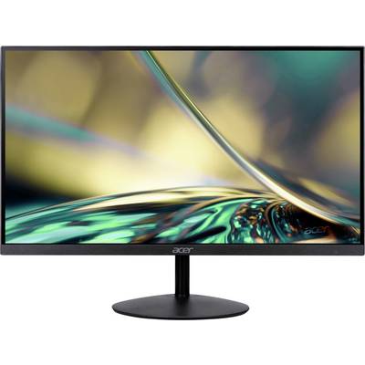 Écran d'ordinateur 'Acer' avec support noir, affichant un tourbillon abstrait et vibrant de couleurs verte, dorée et noire sur l'écran.