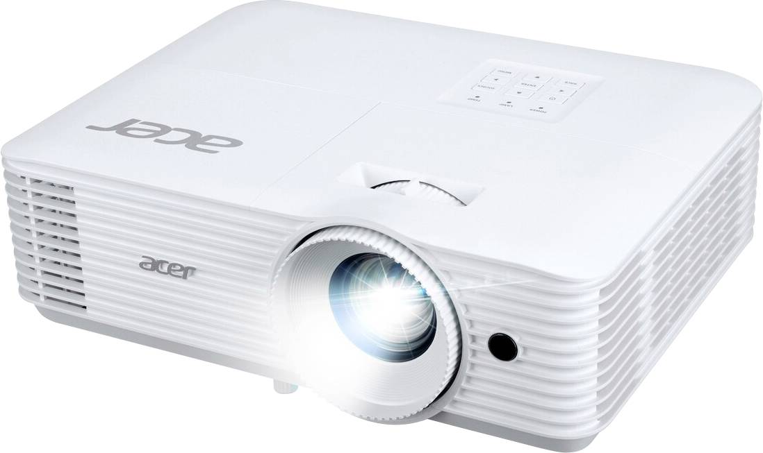 Un projecteur blanc avec un objectif lumineux orienté vers l'avant, doté de boutons de contrôle sur le dessus et le logo 'Acer' visible sur le boîtier.