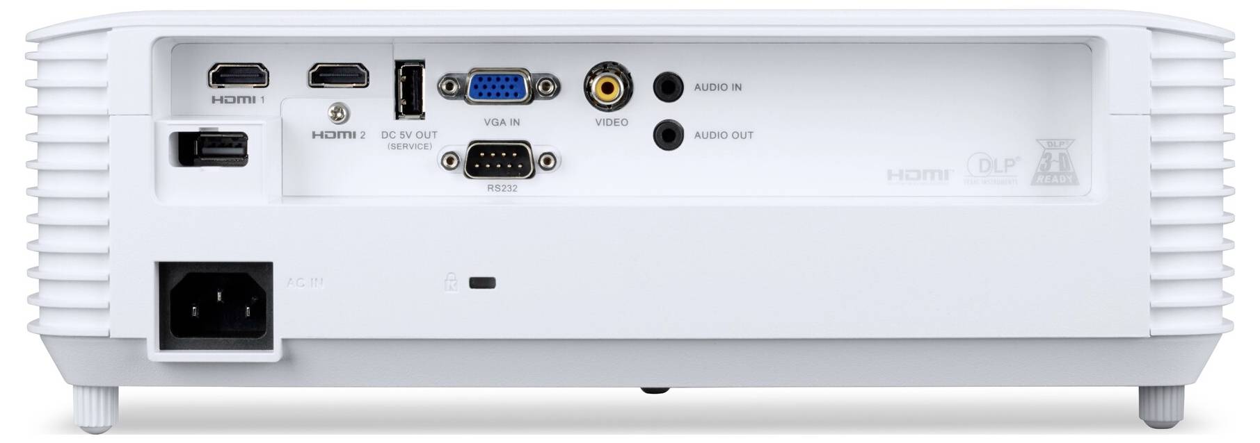 Panneau arrière d'un projecteur présentant des ports HDMI, VGA, USB, entrée/sortie audio et connexion d'alimentation, offrant plusieurs options de connectivité.