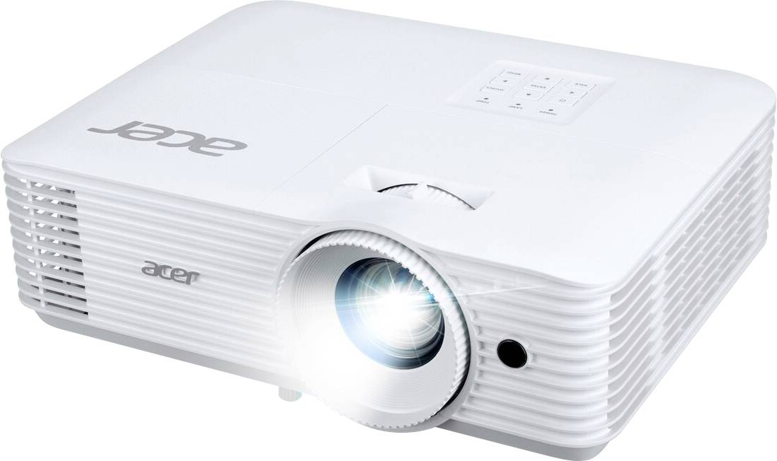 Un projecteur blanc Acer allumé, projetant de la lumière, avec des boutons de commande sur le dessus et le logo de la marque visible sur le côté.