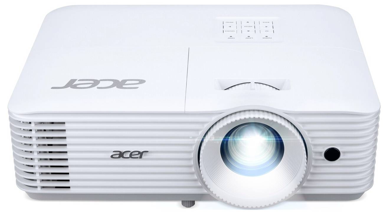 Projecteur Acer affichant un objectif allumé, conçu pour une utilisation bureautique ou domestique. La marque est visible sur le dessus et l'avant de l'appareil.