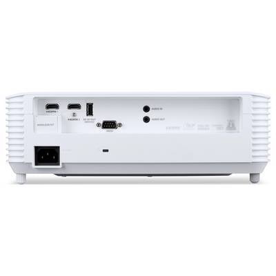 Vue arrière d'un projecteur blanc montrant différents ports : deux HDMI, USB, RS232, entrée/sortie audio et une prise d'alimentation.