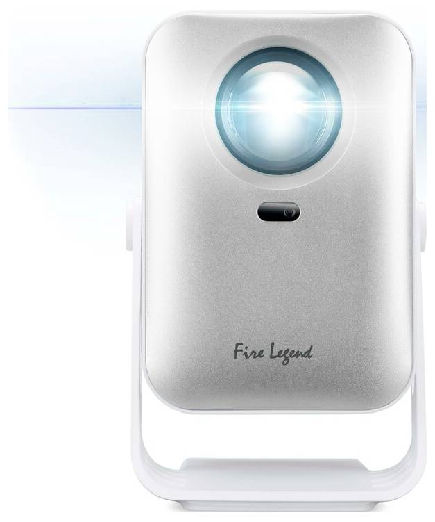Un projecteur mini compact argenté de la marque « Fire Legend » est présenté. Il dispose d'un objectif central émettant une lumière bleue vive.