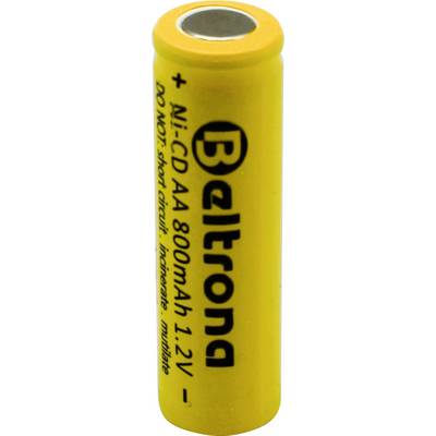 Une pile rechargeable AA jaune avec l'inscription 'Beltrona', 800mAh, 1,2V, et des instructions de sécurité imprimées dessus.