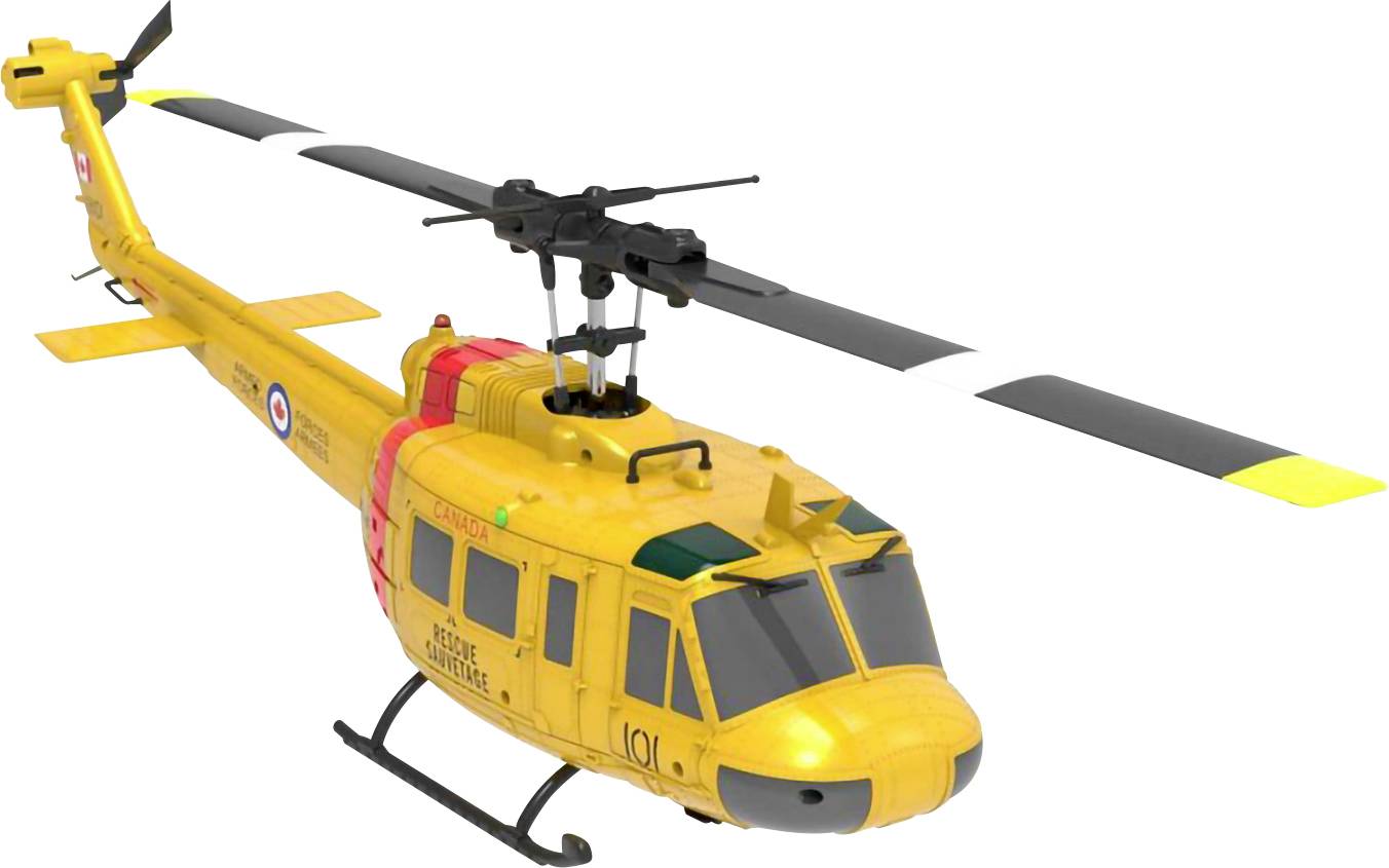 Un hélicoptère de sauvetage jaune avec un design de rotor distinctif, portant l'inscription « Rescue » et des emblèmes, vu de côté sur un fond blanc.