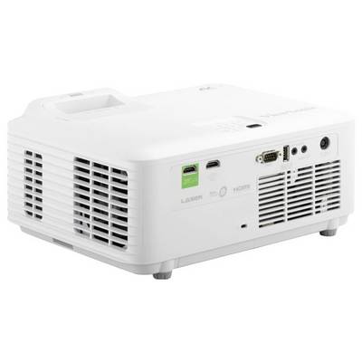 Un projecteur blanc avec plusieurs ports d'entrée, dont HDMI, USB et VGA, est présenté sous un angle latéral.