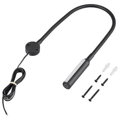 Une lampe de lecture LED noire flexible avec bouton d'alimentation, un long cordon et quatre vis avec chevilles murales pour l'installation.