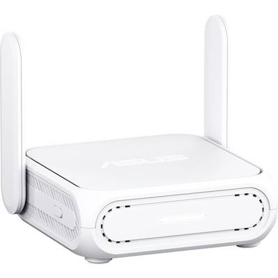 Un routeur sans fil blanc avec deux antennes sur les côtés est présenté. Il dispose d'un design élégant et compact, adapté à la connectivité internet domestique.