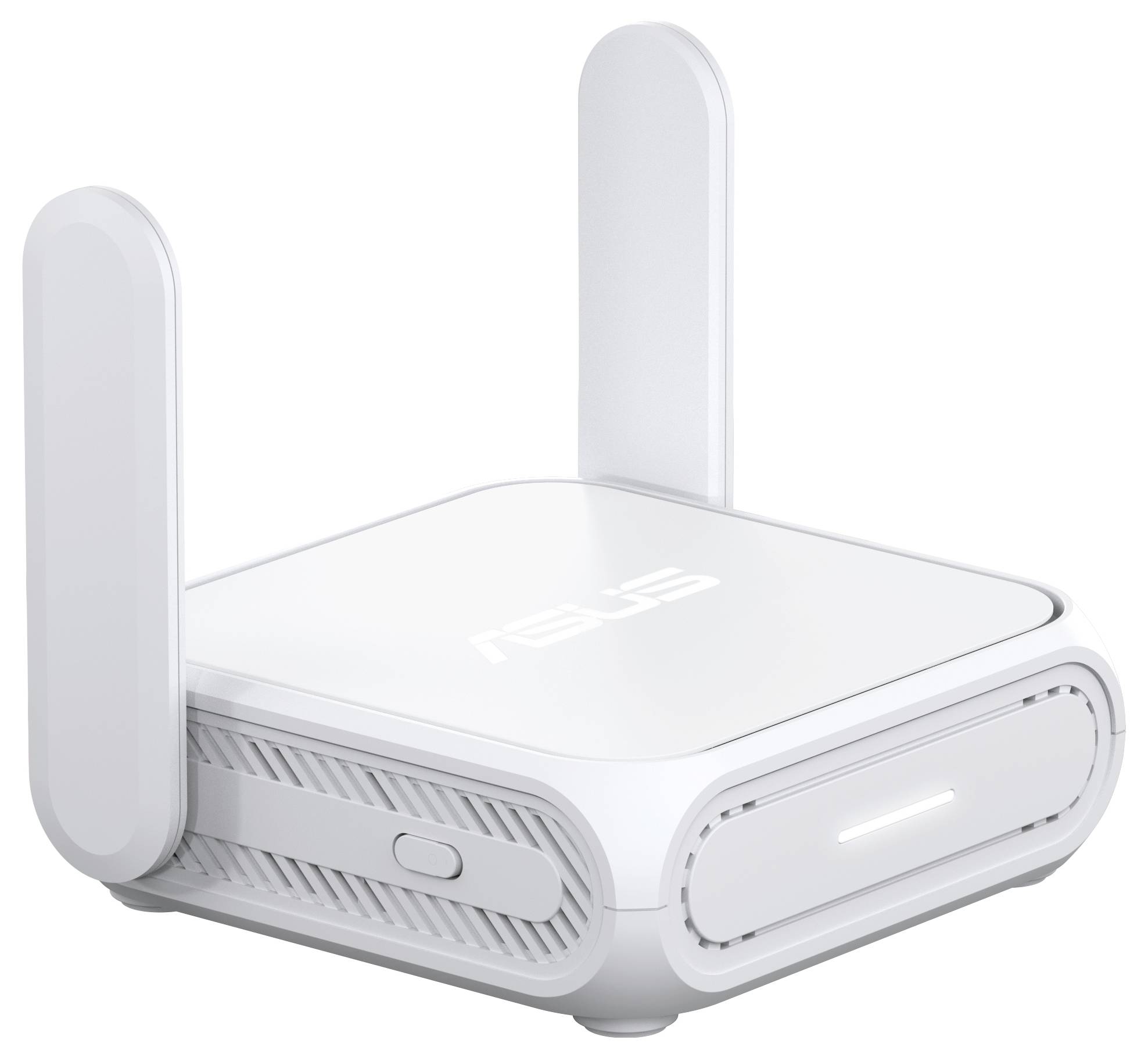 Un répéteur WiFi ASUS blanc avec deux antennes et un indicateur lumineux sur l'avant, conçu pour améliorer la couverture du signal sans fil.