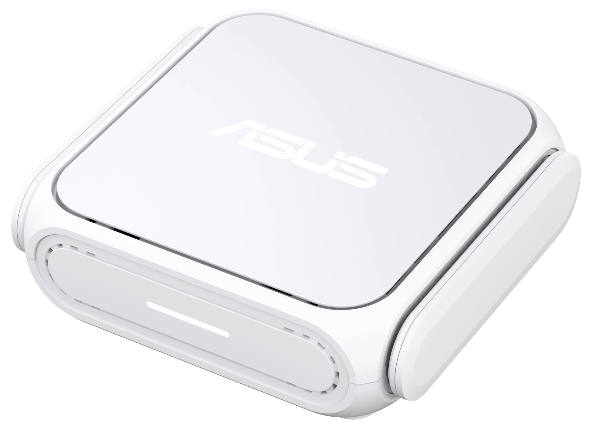 Un appareil ASUS élégant, blanc, aux bords arrondis, probablement un routeur ou un hub Wi-Fi, arborant le logo ASUS bien en évidence sur le dessus.
