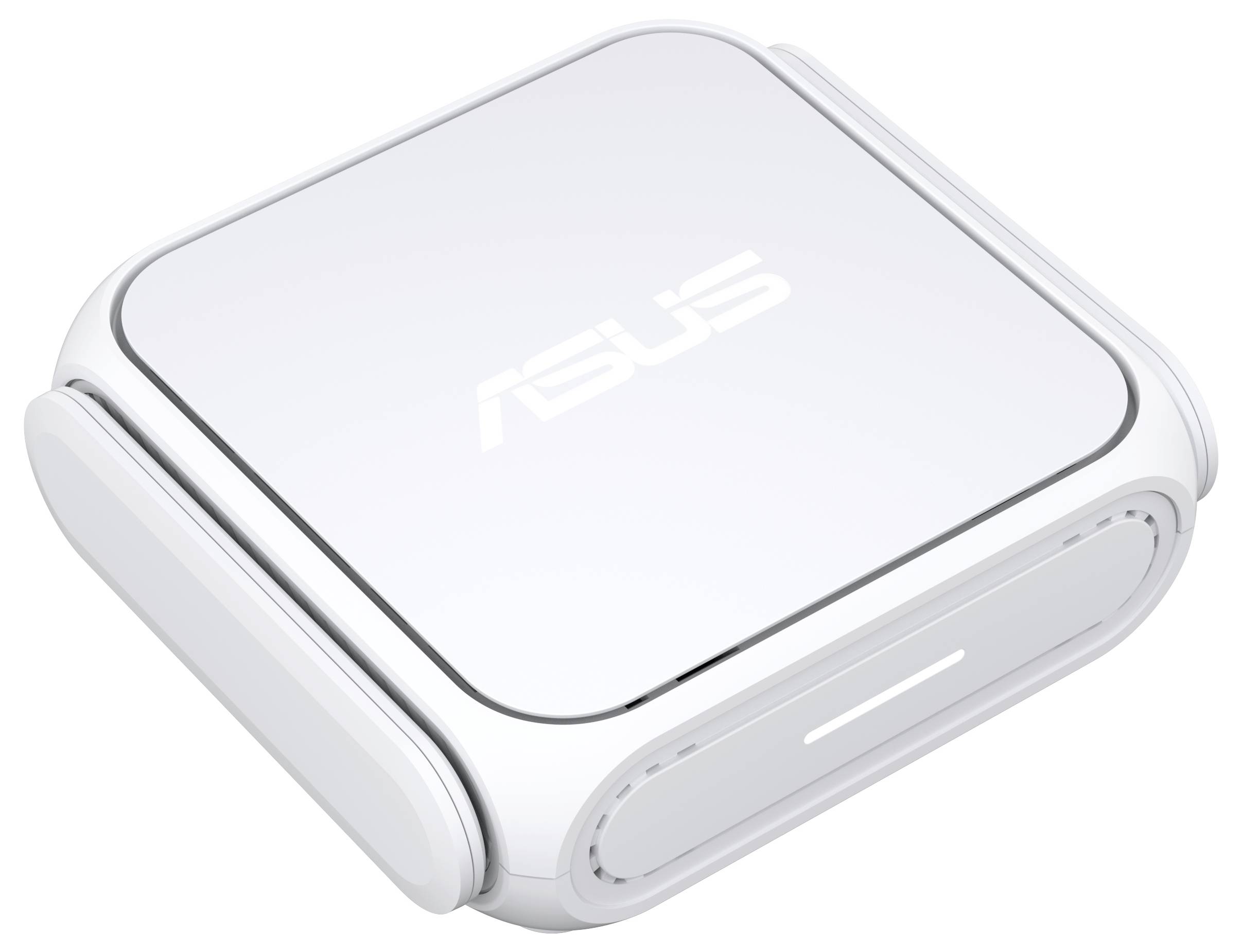 Un routeur Wi-Fi Asus blanc carré avec des bords arrondis, doté d'indicateurs LED subtils sur les côtés, conçu pour la connectivité Internet domestique.