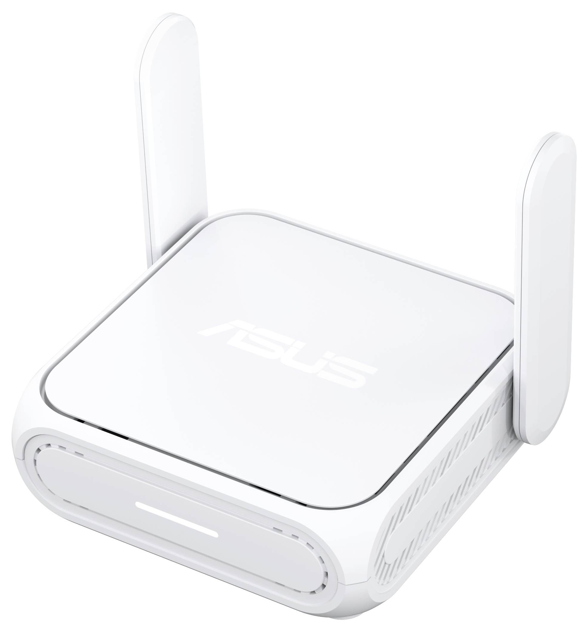 Un routeur sans fil ASUS blanc avec deux antennes verticales, présentant un design épuré et compact.