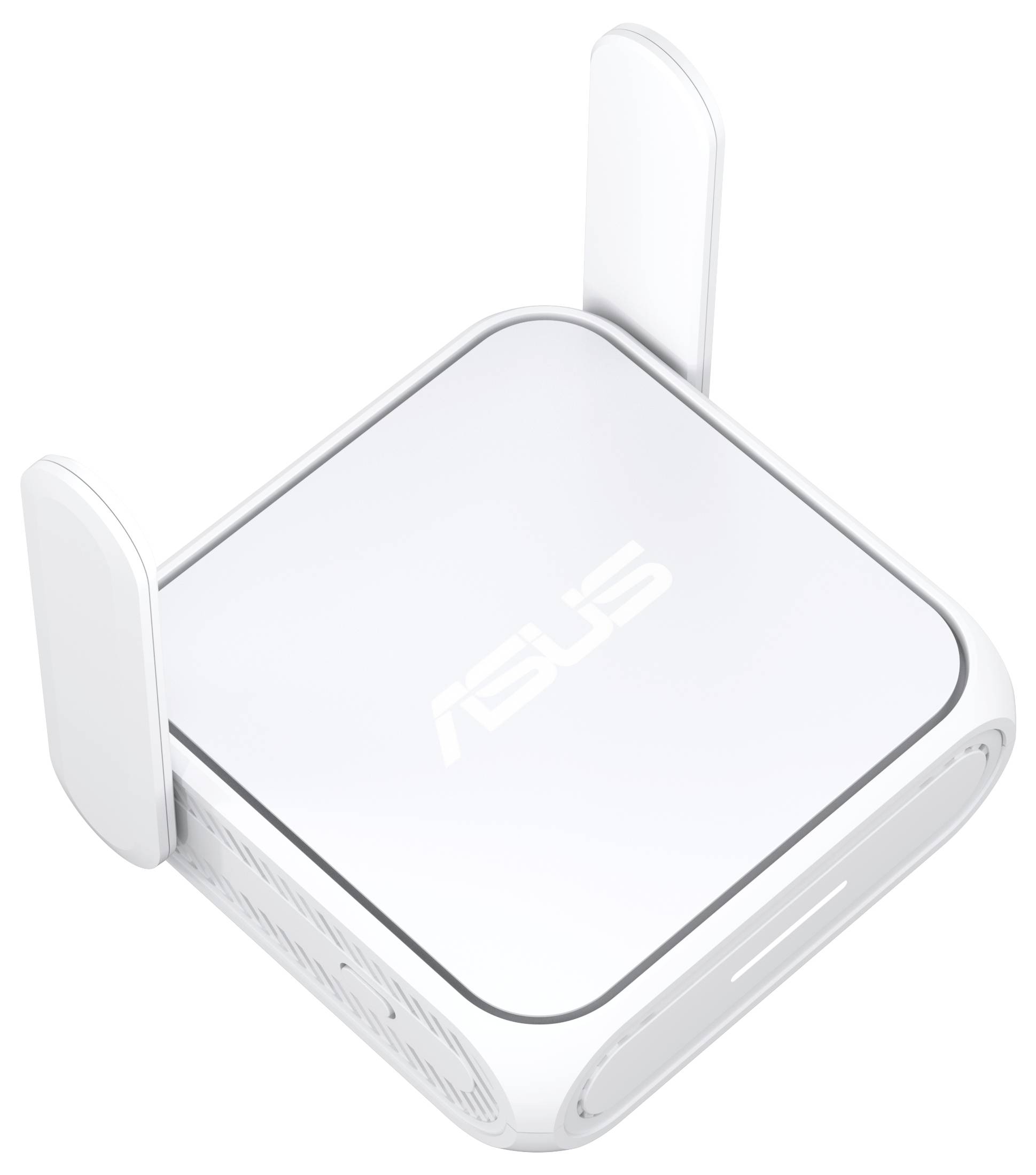 Un routeur ASUS blanc au design anguleux équipé de deux antennes, arborant le logo ASUS sur le dessus.