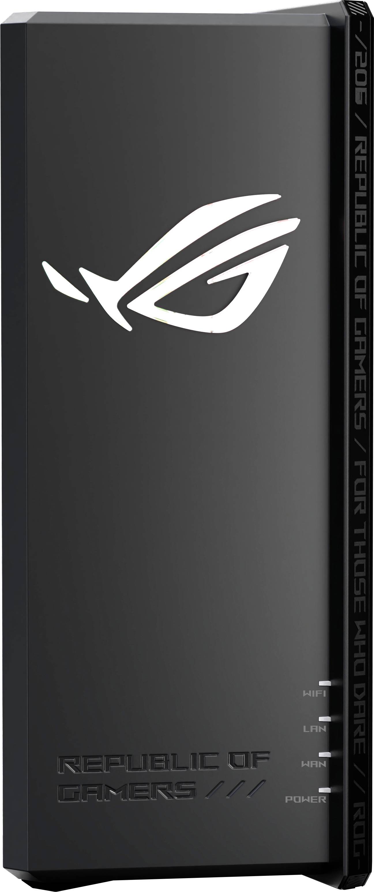 Un appareil externe ASUS Republic of Gamers noir avec des indicateurs LED pour l'alimentation et la connectivité. L'appareil présente le logo ROG et la marque.