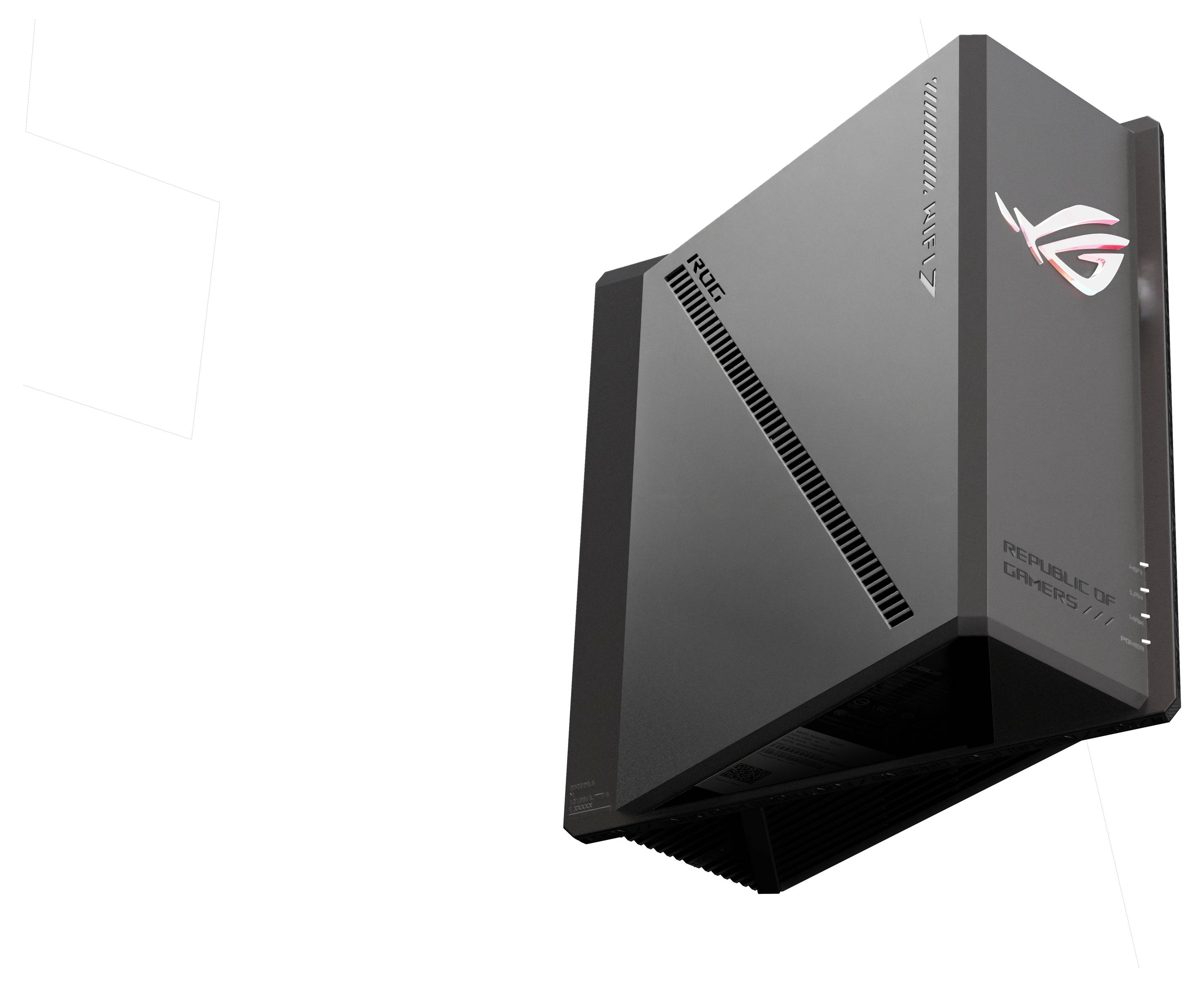 Un boîtier d'ordinateur noir élégant arborant le logo ROG, positionné en angle pour mettre en valeur son design moderne et ses détails de ventilation.