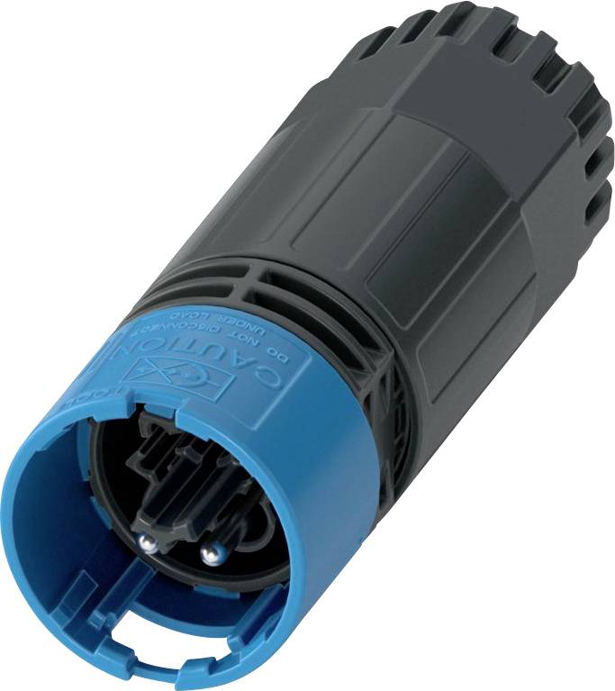 Un connecteur à fiche cylindrique avec un boîtier bleu et gris, présentant une interface électrique pour connecter des câbles d'alimentation ou de données.
