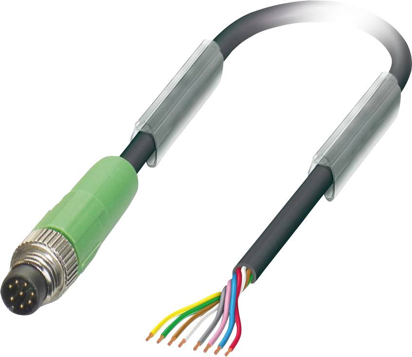Un câble électrique flexible muni d'un connecteur vert à une extrémité et de fils de couleurs dénudés à l'autre, utilisé pour des appareils électroniques ou électroménagers.