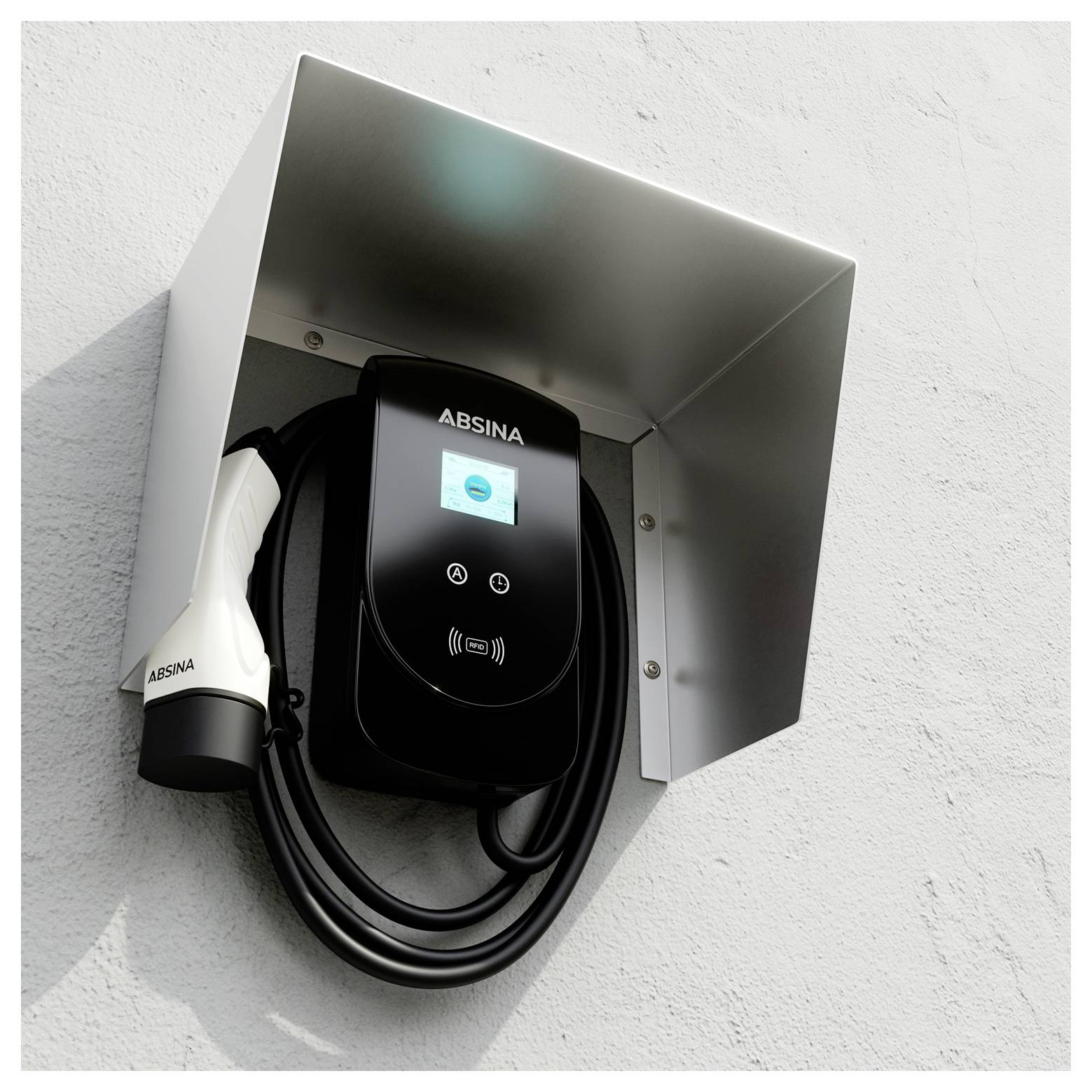 Station de recharge pour véhicules électriques montée sur un mur avec un affichage numérique indiquant 'ABSINA' et un câble de recharge enroulé.
