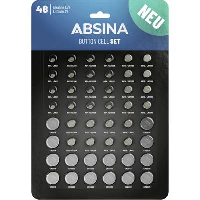 Ensemble de Piles Boutons ABSINA avec étiquette 'NOUVEAU'. Contient 48 piles boutons : AG9/LR936, AG3/LR41, AG4/LR626, CR2032, CR2025, CR2016.