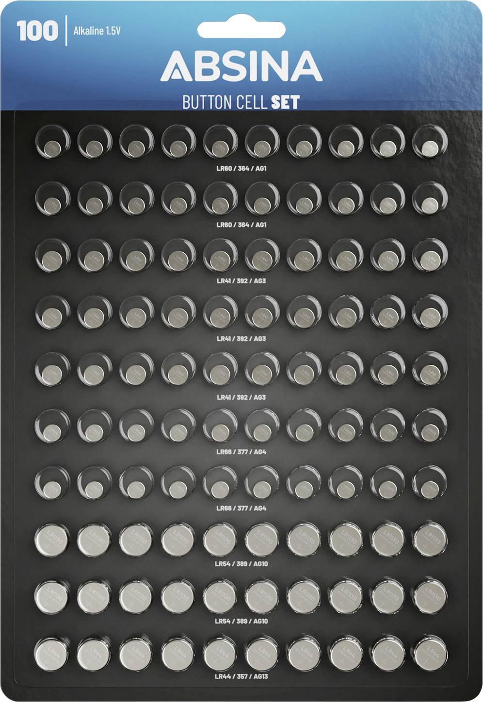 Un paquet de 100 piles bouton alcalines ABSINA de 1,5V, étiquetées avec les types LR60/364/AG1, LR41/392/AG3, et autres disposés en rangées.