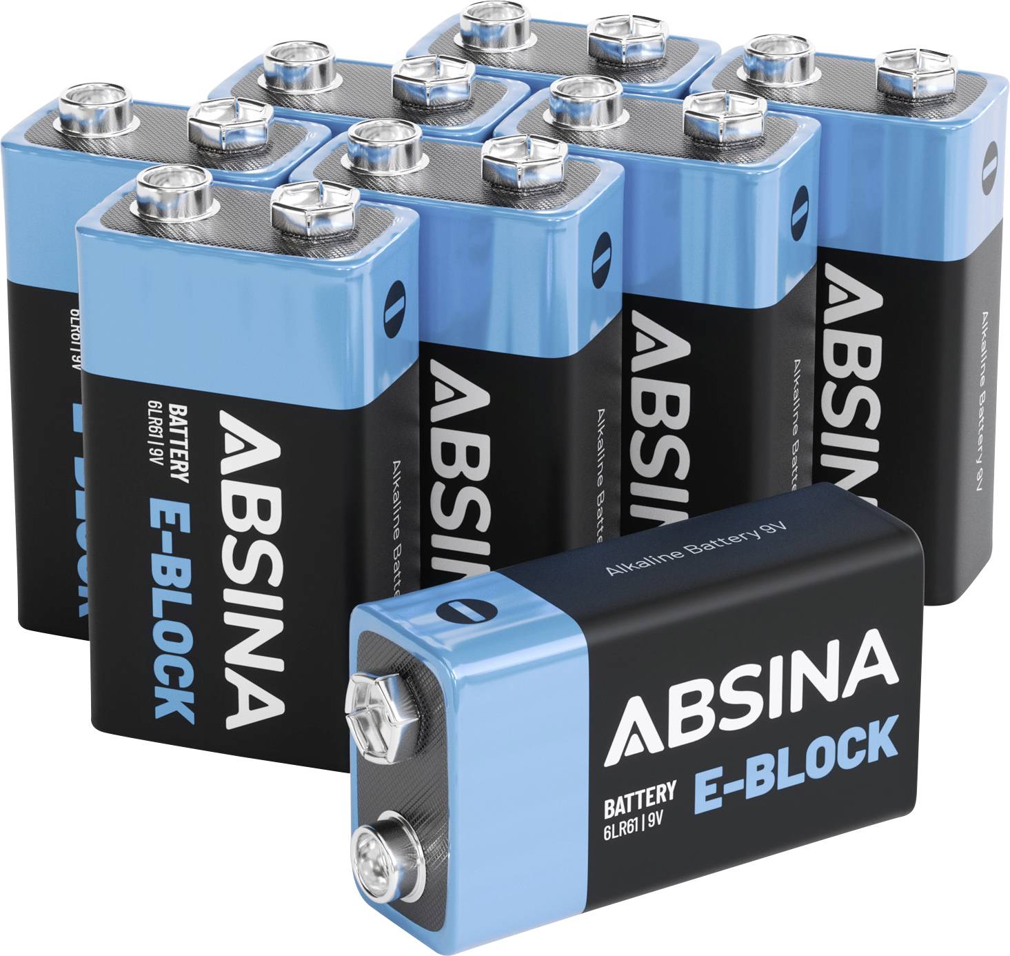 Un groupe de huit batteries 9V bleues et noires étiquetées « ABSINA E-BLOCK », avec une batterie posée à plat devant les autres.