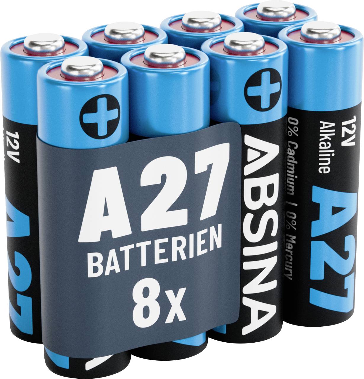Un pack de huit piles alcalines A27 avec des étiquettes bleues et noires, indiquant « 0 % de cadmium » et « 0 % de mercure ».