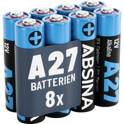 Un pack de huit piles alcalines A27 avec des étiquettes bleues et noires, indiquant « 0 % de cadmium » et « 0 % de mercure ».