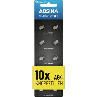 Paquet de 10 piles bouton AG4 étiquetées « ABSINA AG4/LR66/L626 ».