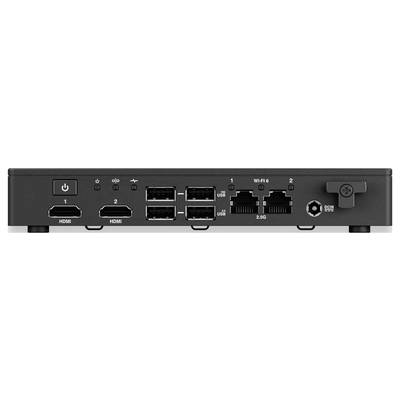 'Appareil électronique noir avec deux ports HDMI, quatre ports USB, deux ports ethernet et un bouton d'alimentation, vu du panneau arrière.'