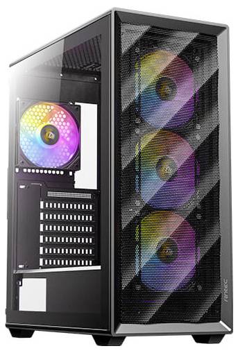 Un boîtier d'ordinateur noir avec des panneaux de verre présente des ventilateurs RGB visibles s'illuminant dans diverses couleurs à l'intérieur et sur l'avant du boîtier.