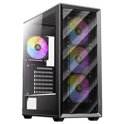 Un boîtier d'ordinateur noir avec des panneaux de verre présente des ventilateurs RGB visibles s'illuminant dans diverses couleurs à l'intérieur et sur l'avant du boîtier.