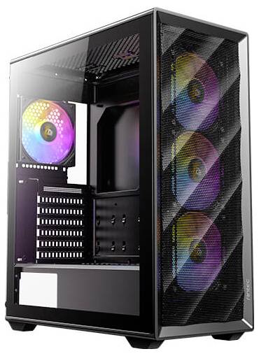 Un boîtier d'ordinateur noir avec un panneau latéral transparent, doté de plusieurs ventilateurs RGB internes brillant dans des motifs lumineux colorés.