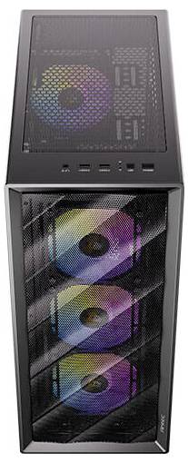 Boîtier de PC gaming avec quatre ventilateurs RGB à l'avant et au sommet, offrant un refroidissement avancé. Ports USB et audio situés en haut pour une accessibilité facilitée.