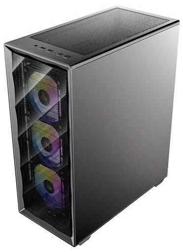 Un boîtier d'ordinateur élégant et noir avec trois ventilateurs à LED colorées visibles à travers le panneau avant en maille. Le panneau supérieur présente des ports USB et des boutons.