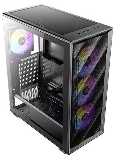 Un boîtier d'ordinateur noir avec des côtés transparents révèle l'espace intérieur pour les composants et des ventilateurs RGB colorés à l'avant et à l'arrière.