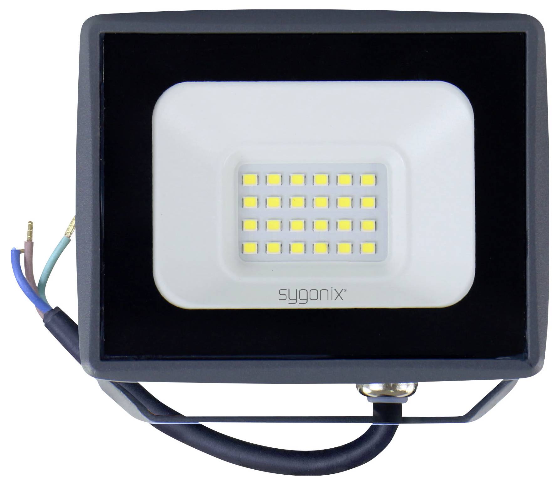 Projecteur LED noir avec câble d'alimentation exposé et connecteur, montrant un panneau lumineux Sygonix rectangulaire avec plusieurs LED jaunes.
