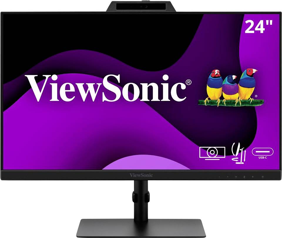 Un écran ViewSonic de 24 pouces avec un affichage vibrant présentant trois oiseaux colorés.