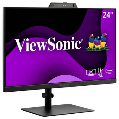 Un moniteur ViewSonic de 24 pouces affichant le logo de la marque et des oiseaux colorés sur un fond violet, avec des icônes indiquant une webcam intégrée, un microphone et une connectivité USB-C.