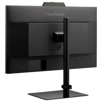 Un moniteur d'ordinateur noir ViewSonic est vu de dos, montrant son support réglable et son design élégant.