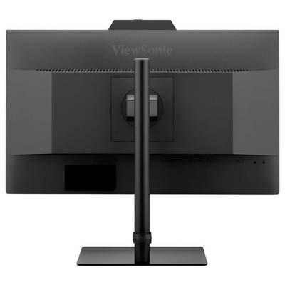 L'image montre la vue arrière d'un moniteur d'ordinateur noir avec un support central, arborant le logo 'ViewSonic' en haut.
