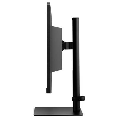 Vue de côté d'un écran plat noir sur un support, montrant son profil fin et sa fonctionnalité de réglage en hauteur.