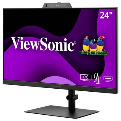 Un écran ViewSonic de 24 pouces affichant trois oiseaux colorés sur un fond violet. Des icônes indiquent des fonctionnalités comme une webcam intégrée et une connectivité USB-C.