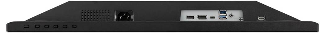 Vue arrière d'un moniteur montrant différents ports, notamment HDMI, USB et l'entrée d'alimentation.