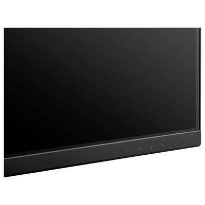 Un moniteur noir à écran plat affichant un écran vide, vu du côté droit, avec des boutons tactiles visibles sur le cadre inférieur.